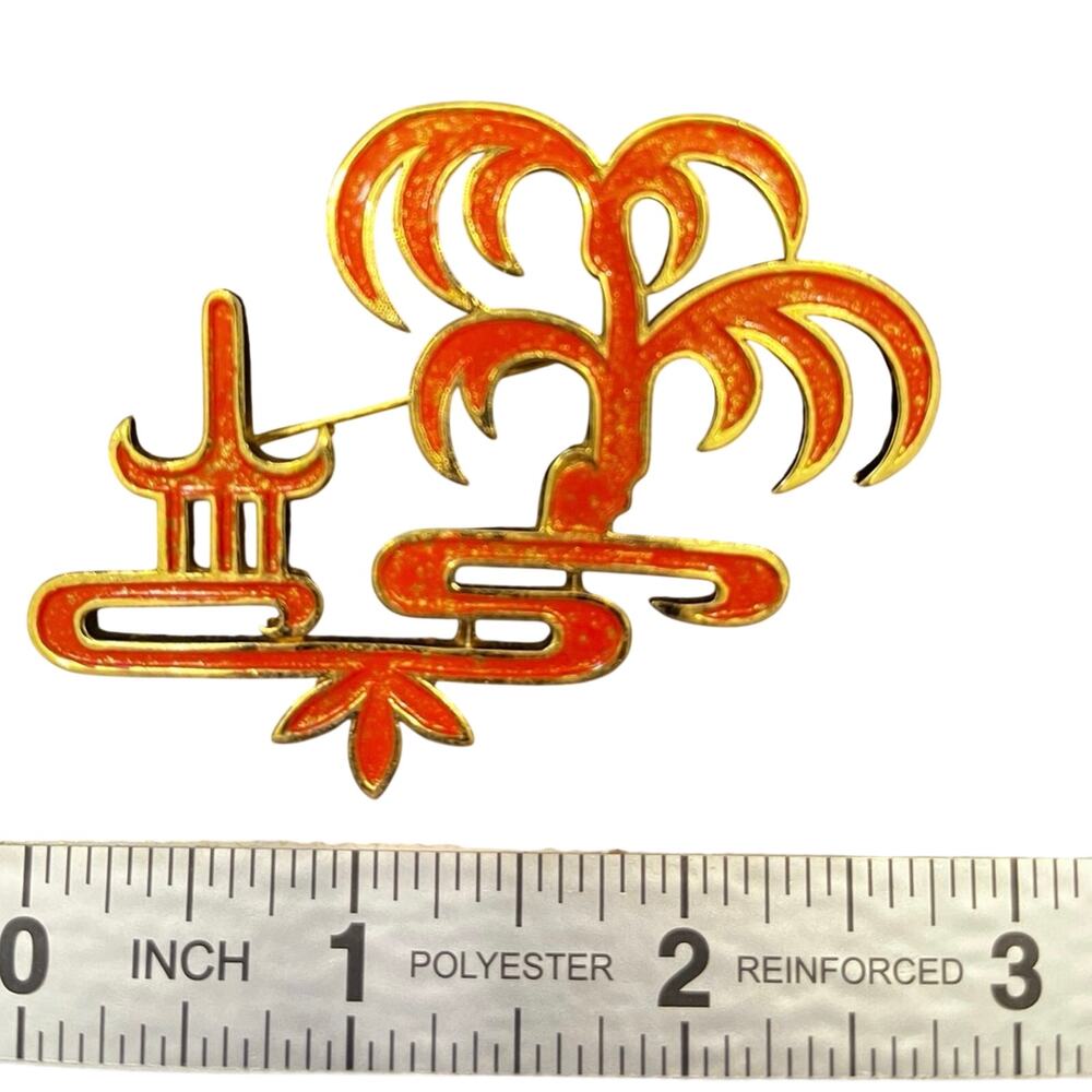 Vintage Trifari Gold Tone Pine Tree Pagoda Gate Brooch Pin Orange Enamel MCM